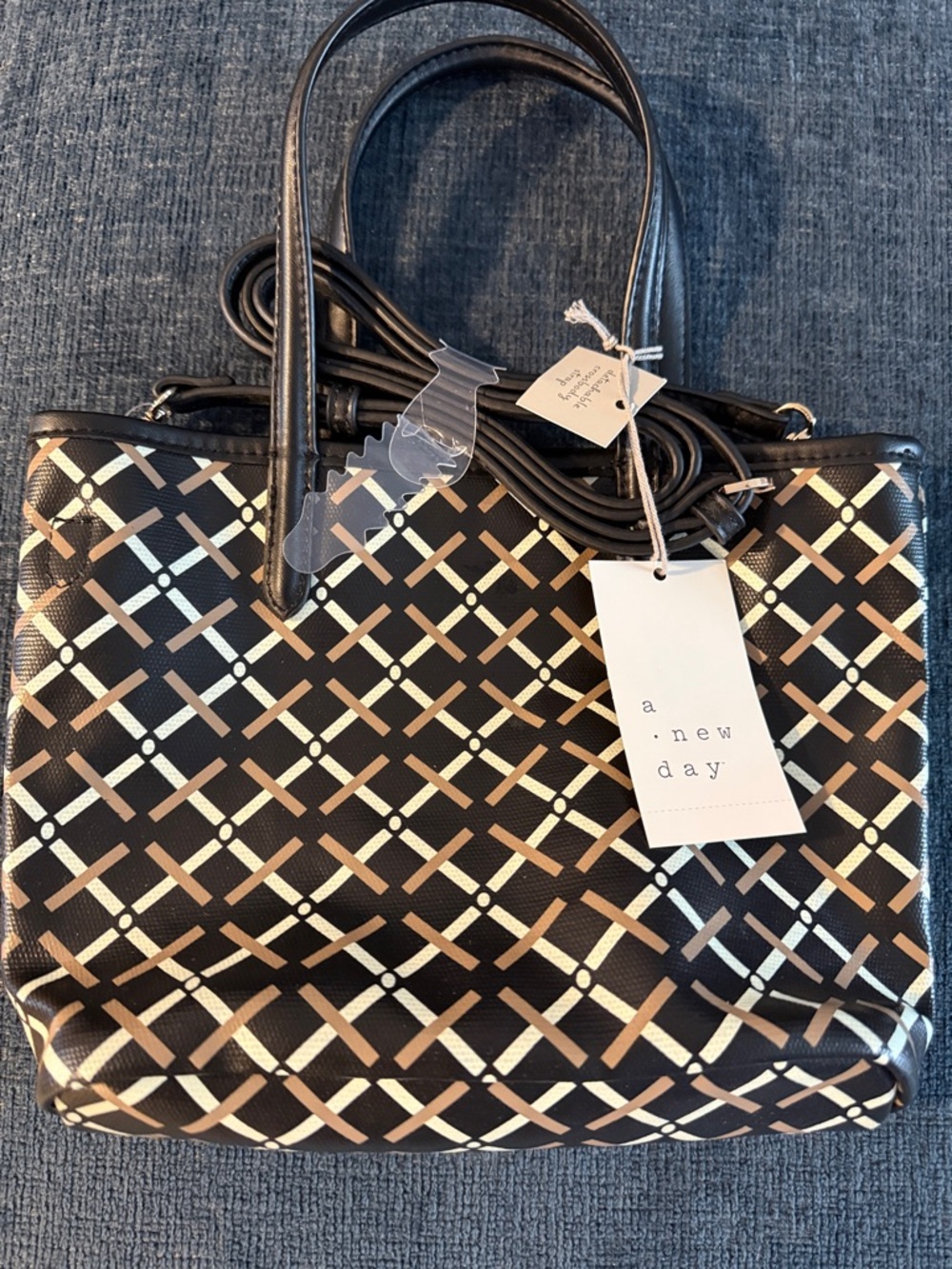 A New Day Black Tote with Cream and Tan Lattice